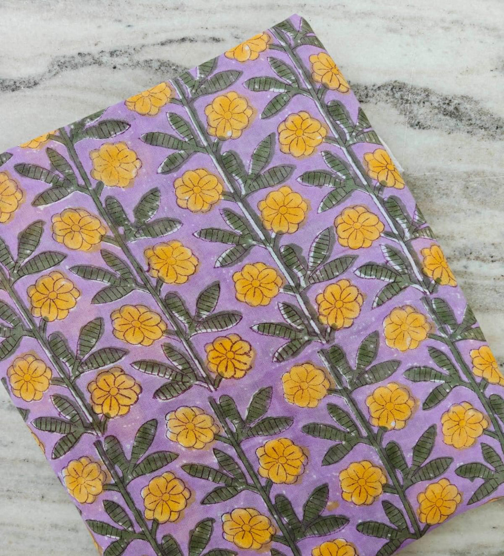 Lavender Floral Cotton Fabric by Yard, Hand Block Print Fabric, Yellow Flower Indian Cotton Fabric for Sewing Quilting Dressmaking, Fabric