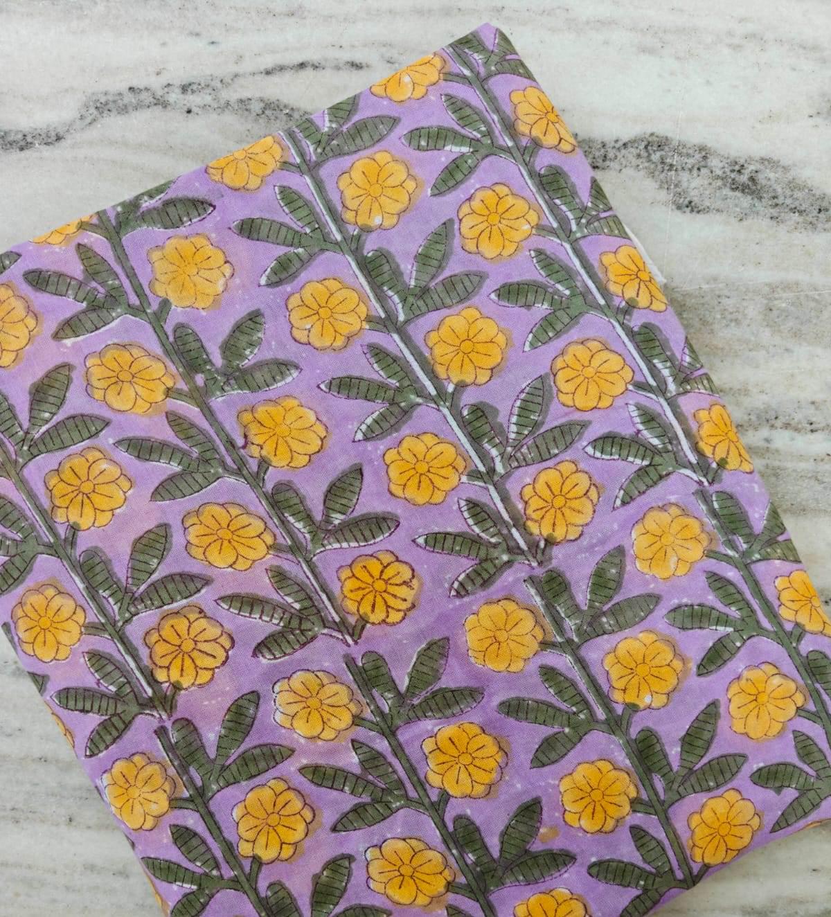 Lavender Floral Cotton Fabric by Yard, Hand Block Print Fabric, Yellow Flower Indian Cotton Fabric for Sewing Quilting Dressmaking, Fabric