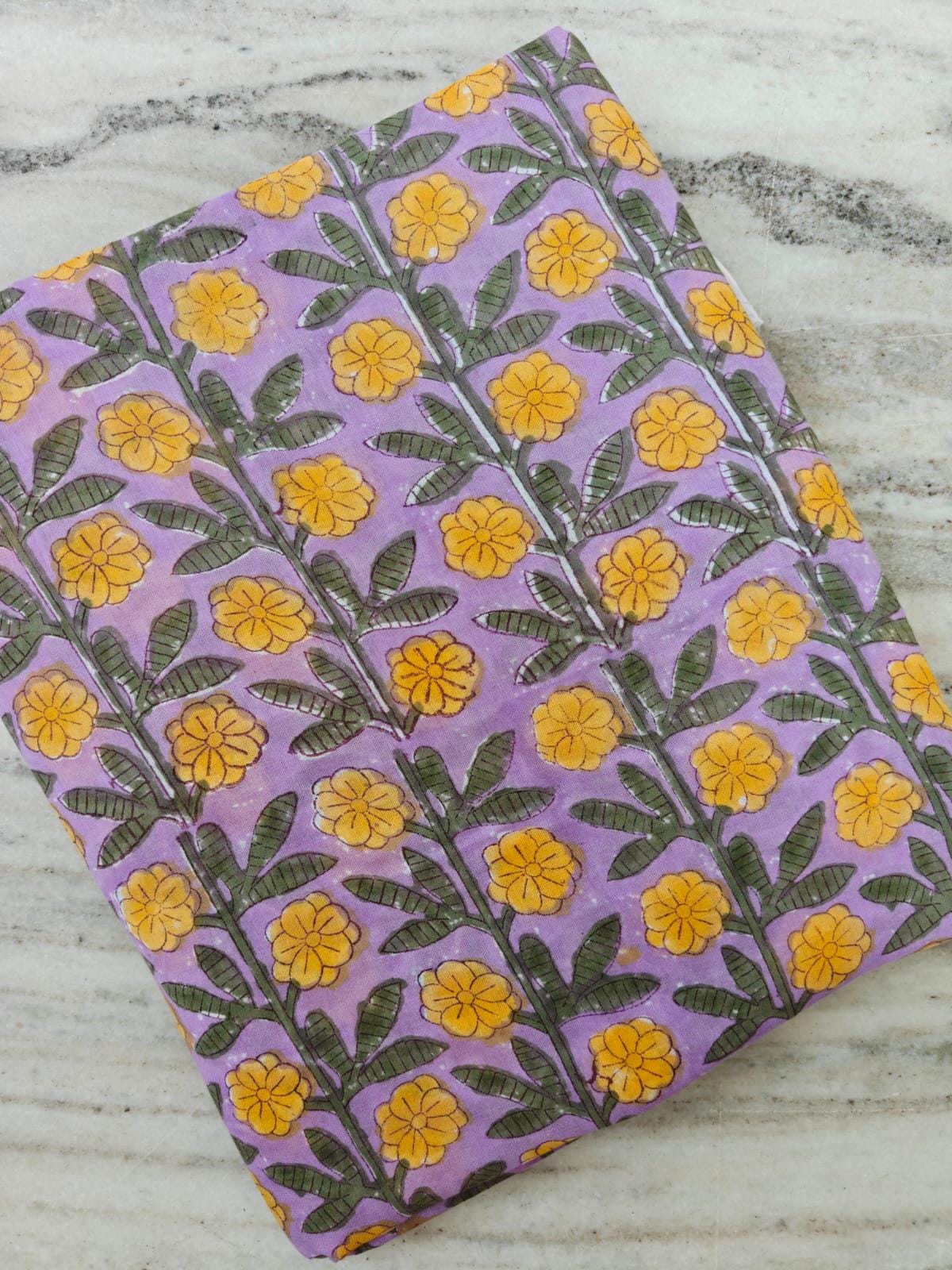 Lavender Floral Cotton Fabric by Yard, Hand Block Print Fabric, Yellow Flower Indian Cotton Fabric for Sewing Quilting Dressmaking, Fabric