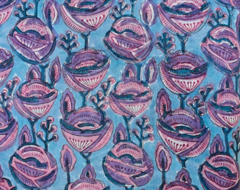 Hand Block Print Cotton Fabric, Blue Pink Floral Indian Fabric, Soft Cotton Sewing Fabric by Yard for Dresses Quilting Crafts, Loose Fabric