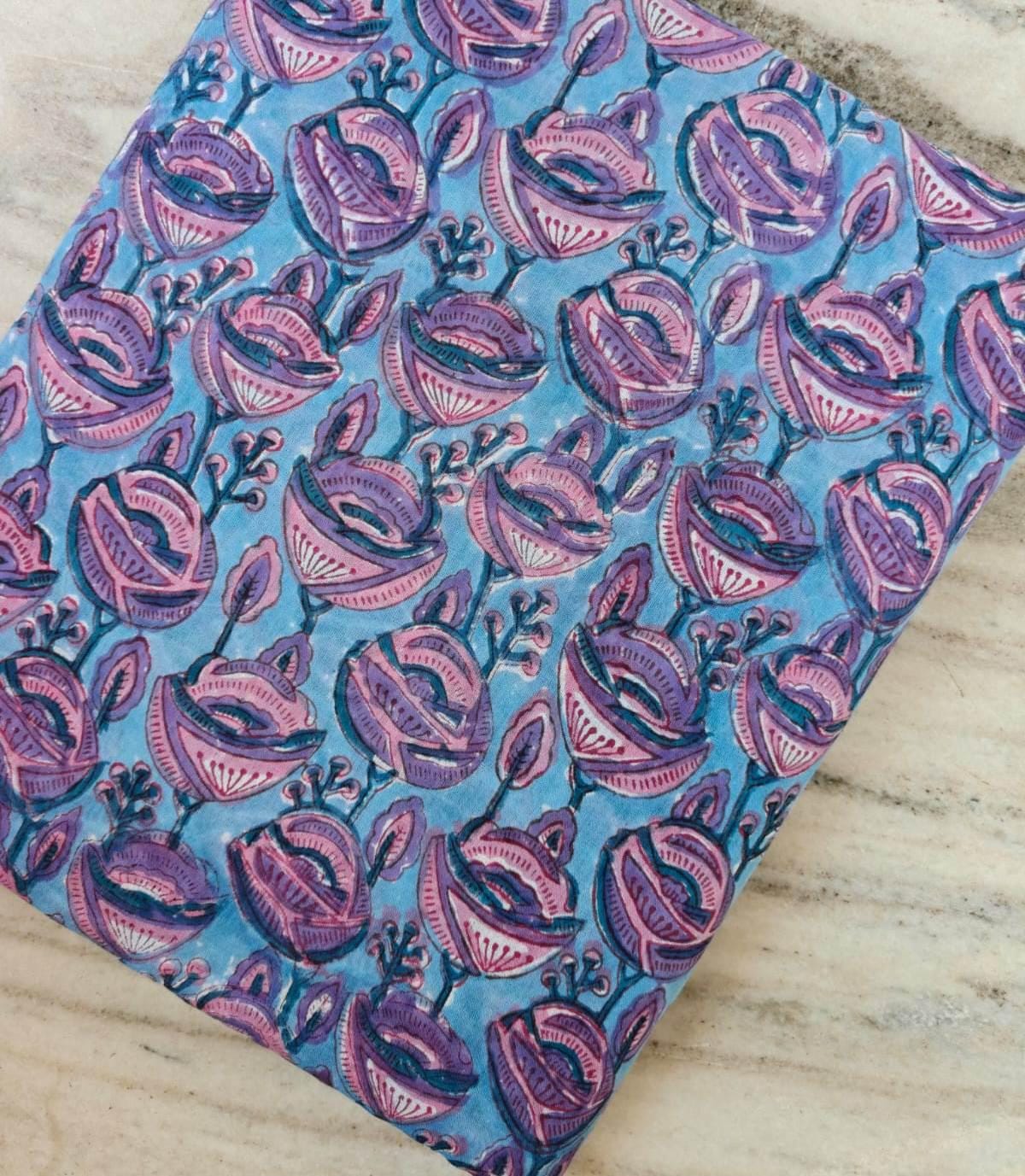 Hand Block Print Cotton Fabric, Blue Pink Floral Indian Fabric, Soft Cotton Sewing Fabric by Yard for Dresses Quilting Crafts, Loose Fabric