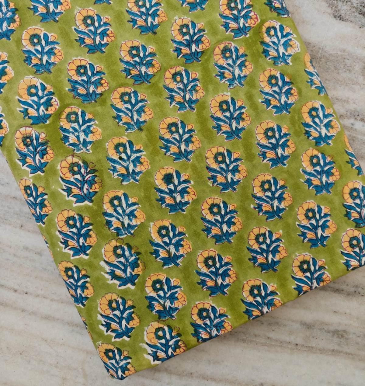 Green Floral Cotton Fabric by the Yard, Indian Hand Block Print Fabric, Botanical Cotton Textile, Quilting Fabric, Dressmaking Fabric
