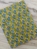 Green Floral Cotton Fabric by the Yard, Indian Hand Block Print Fabric, Botanical Cotton Textile, Quilting Fabric, Dressmaking Fabric