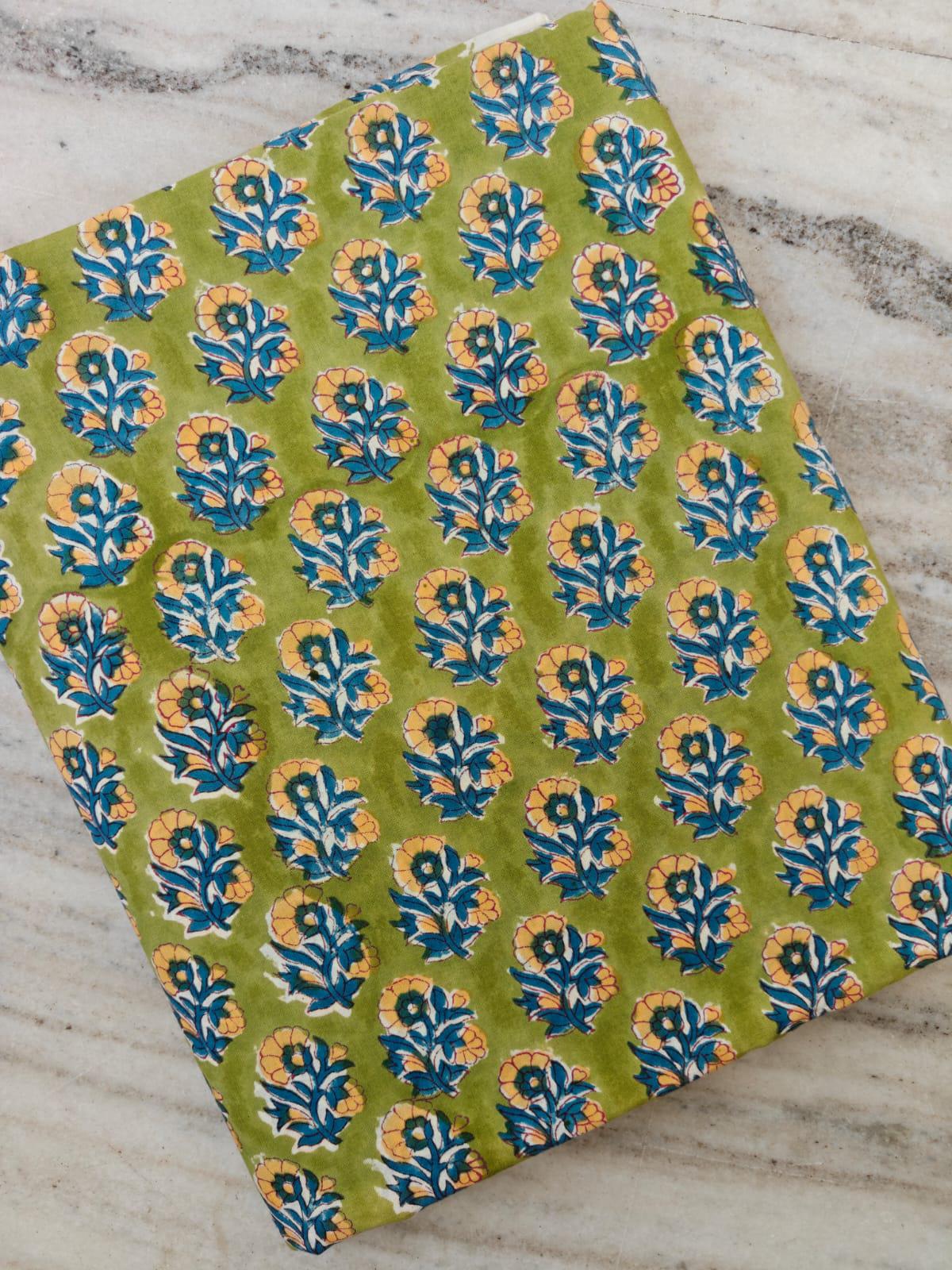 Green Floral Cotton Fabric by the Yard, Indian Hand Block Print Fabric, Botanical Cotton Textile, Quilting Fabric, Dressmaking Fabric