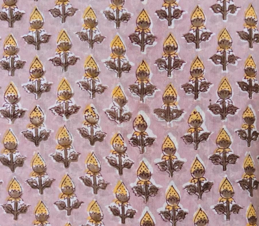 Hand Block Print Cotton Fabric by Yard, Pink Floral Cotton Fabric, Indian Handmade Cotton Textile, Soft Lightweight Fabric for Dress making