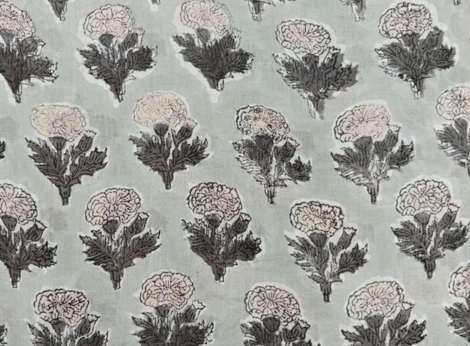 Handmade Block Print Cotton Fabric, Grey Floral Cotton Textile, Indian Fabric by the Yard, Boho Sewing Fabric for Apparel Home Decor