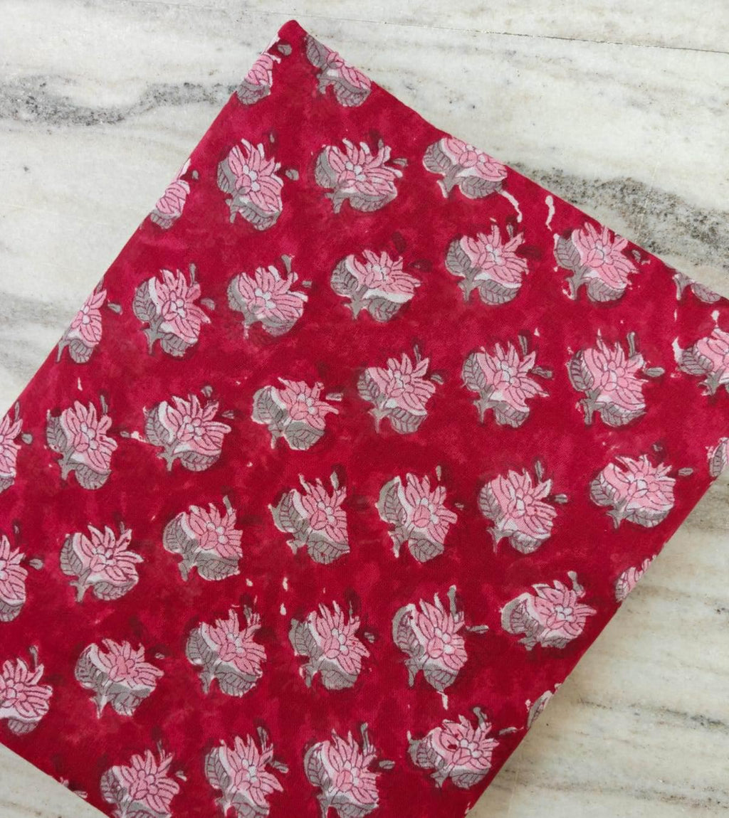 Red Hand Block Print Cotton Fabric by Yard, Floral Indian Cotton Fabric, Soft Lightweight Cotton for Sewing Quilting Dressmaking Crafts