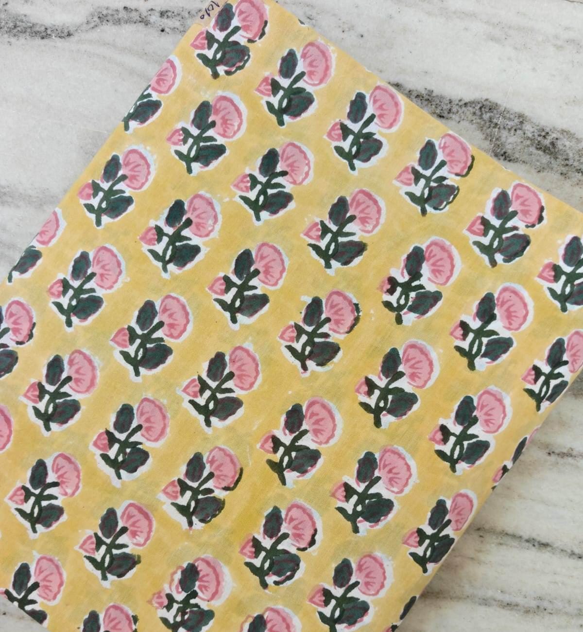 Yellow Floral Cotton Fabric by Yard, Hand Block Print Cotton Fabric, Pink Flower Indian Fabric, Lightweight Cotton Textile for Quilting