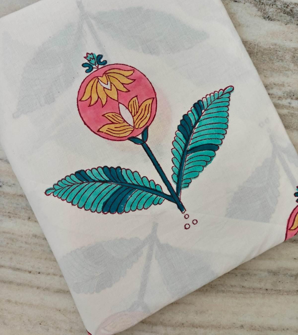 Pomegranate Hand Block Print Cotton Fabric by Yard, White Floral Cotton Fabric, Hand Printed Indian Textile, Botanical Fabric for Sewing