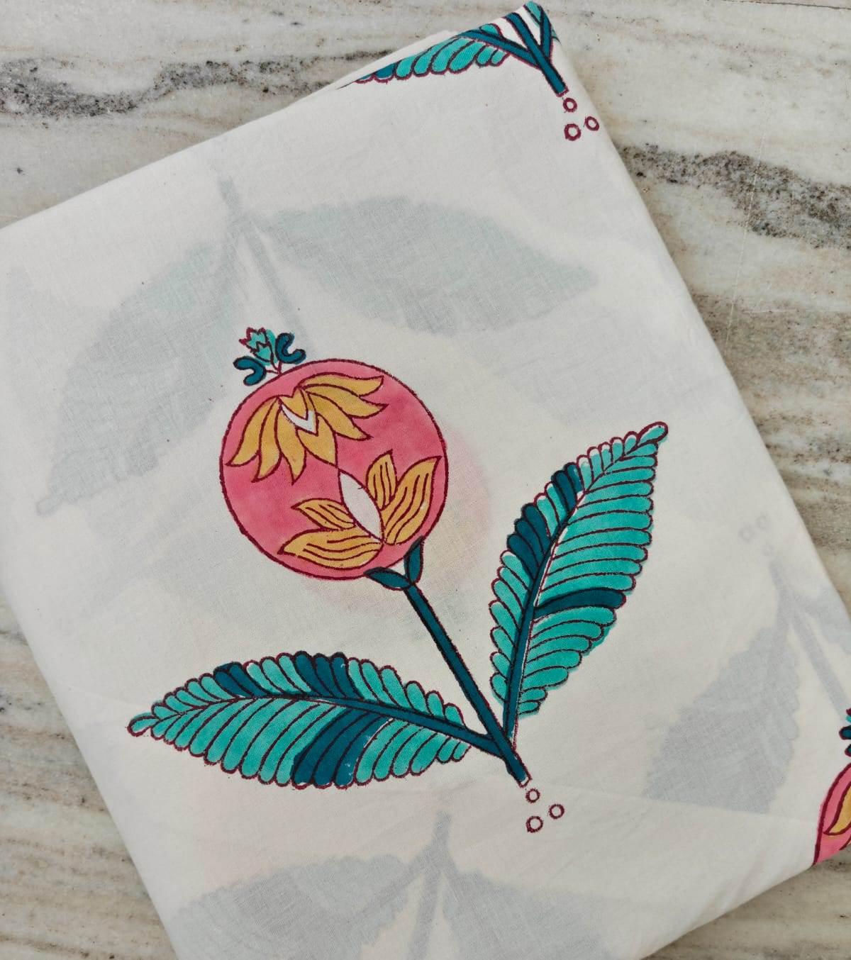 Pomegranate Hand Block Print Cotton Fabric by Yard, White Floral Cotton Fabric, Hand Printed Indian Textile, Botanical Fabric for Sewing