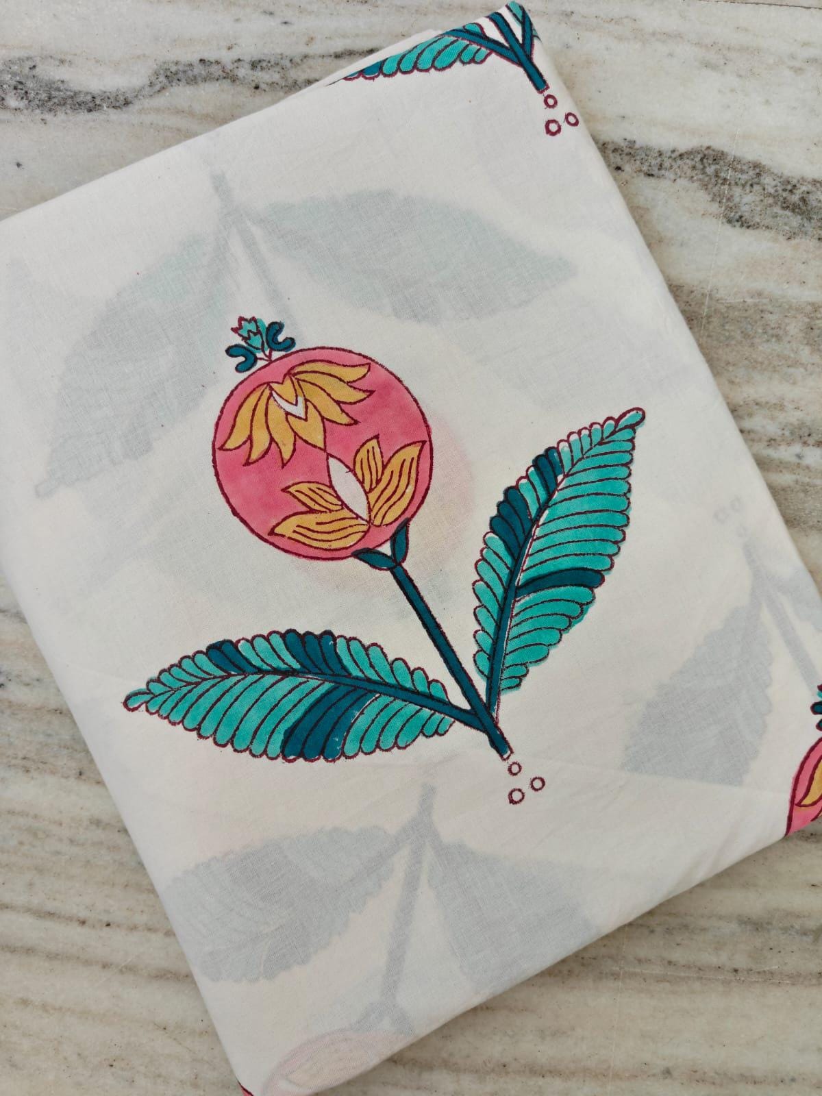 Pomegranate Hand Block Print Cotton Fabric by Yard, White Floral Cotton Fabric, Hand Printed Indian Textile, Botanical Fabric for Sewing