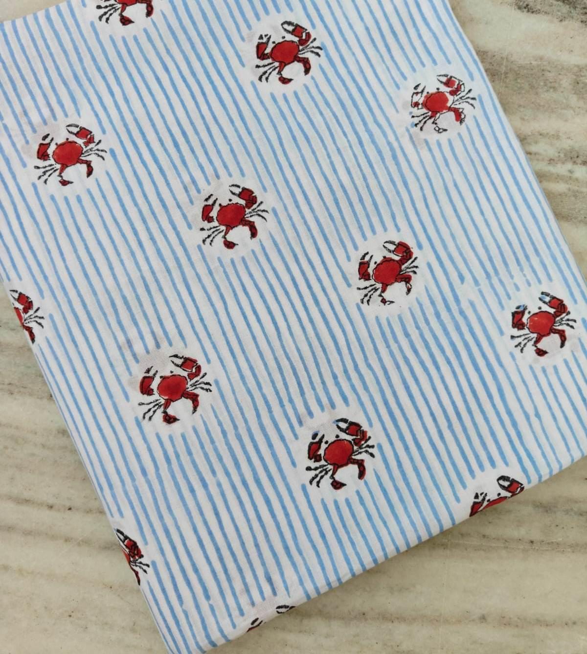 Red Crab Print Cotton Fabric by Yard, Striped Cotton Fabric, Beach Theme Fabric, Nautical Fabric, Soft Cotton Material for Sewing Quilting