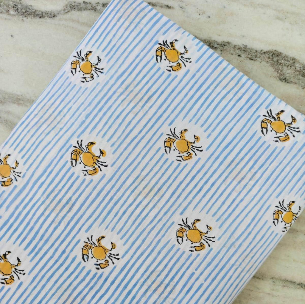 Yellow Crab Print Cotton Fabric by Yard, Striped Cotton Fabric, Beach Theme Fabric, Nautical Fabric Soft Cotton Material for Sewing Quilting