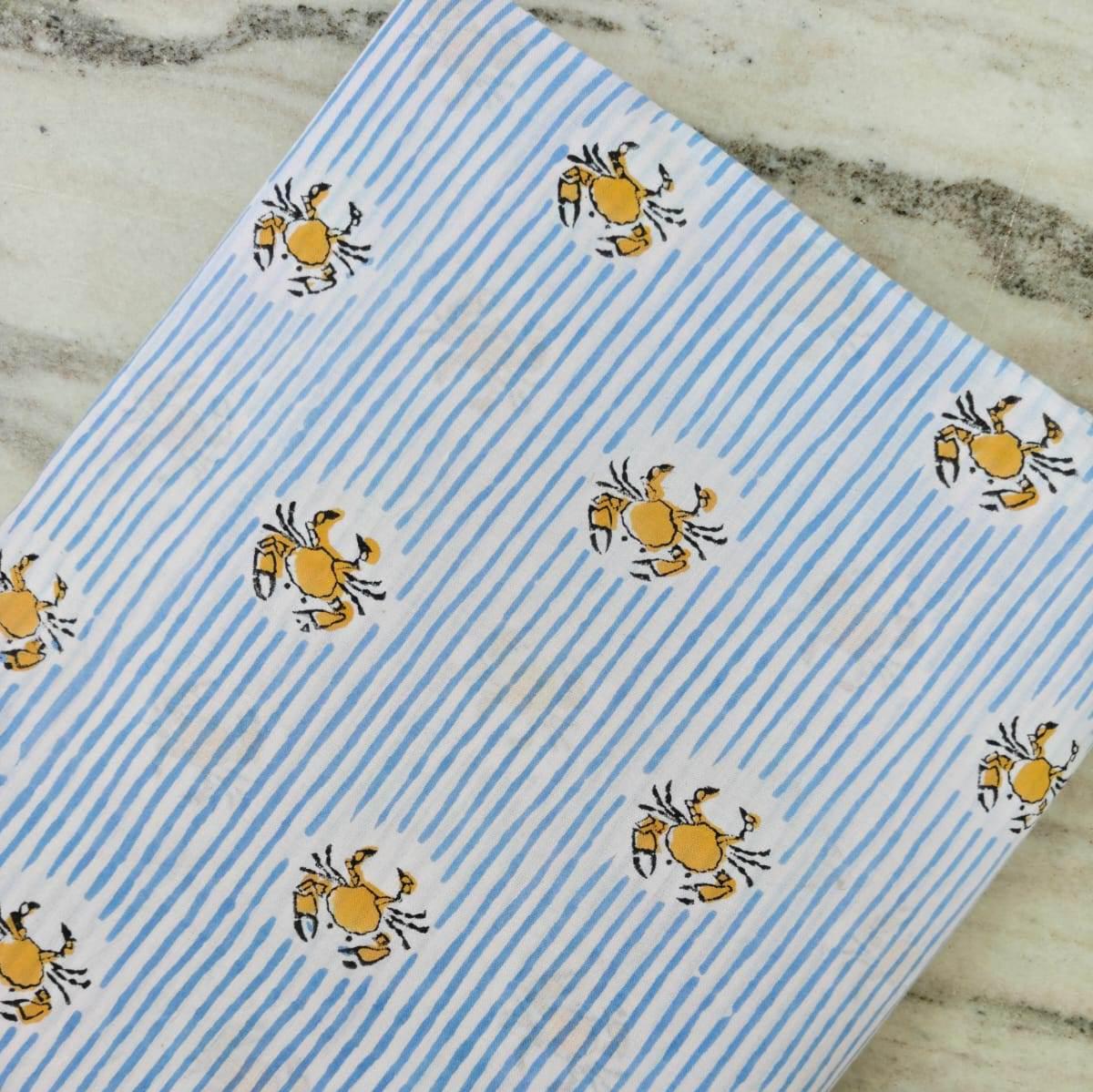 Yellow Crab Print Cotton Fabric by Yard, Striped Cotton Fabric, Beach Theme Fabric, Nautical Fabric Soft Cotton Material for Sewing Quilting