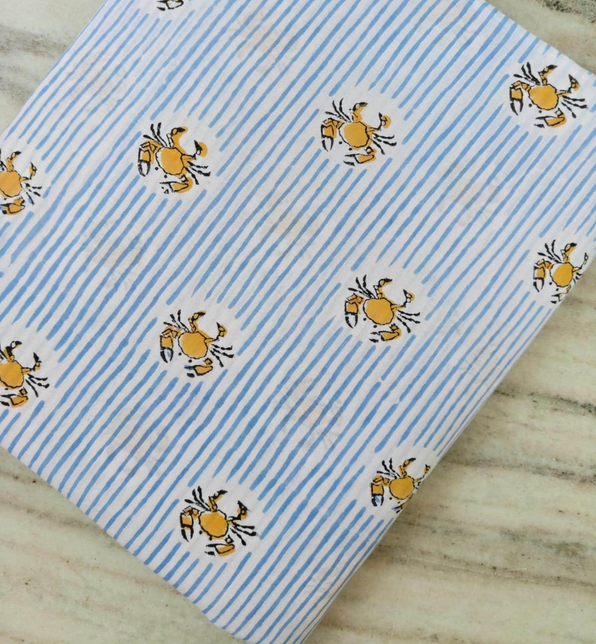Yellow Crab Print Cotton Fabric by Yard, Striped Cotton Fabric, Beach Theme Fabric, Nautical Fabric Soft Cotton Material for Sewing Quilting