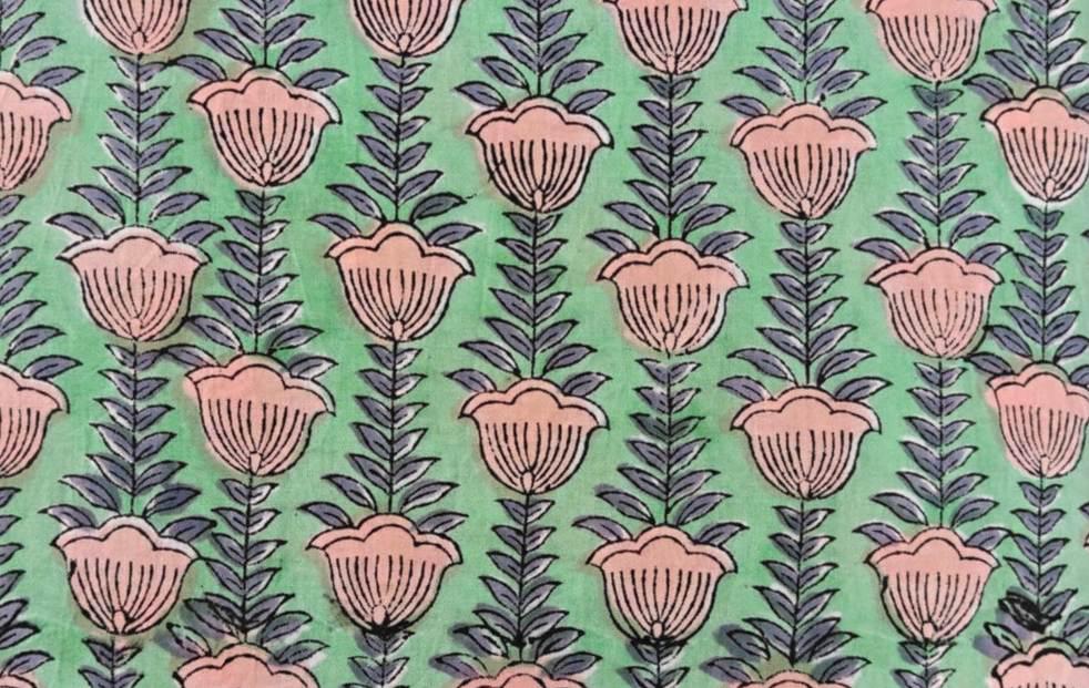 Mint Green Floral Cotton Fabric by Yard, Hand Block Print Cotton Fabric, Pink Flower Indian Fabric, Quilting Fabric, Dressmaking Fabric