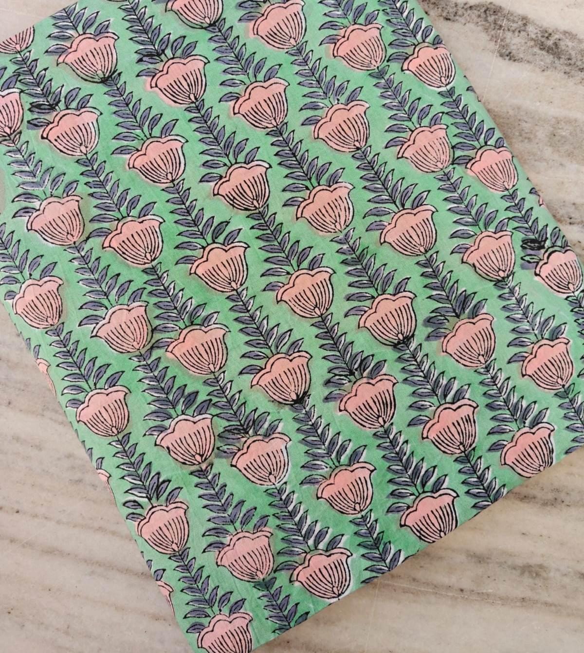 Mint Green Floral Cotton Fabric by Yard, Hand Block Print Cotton Fabric, Pink Flower Indian Fabric, Quilting Fabric, Dressmaking Fabric