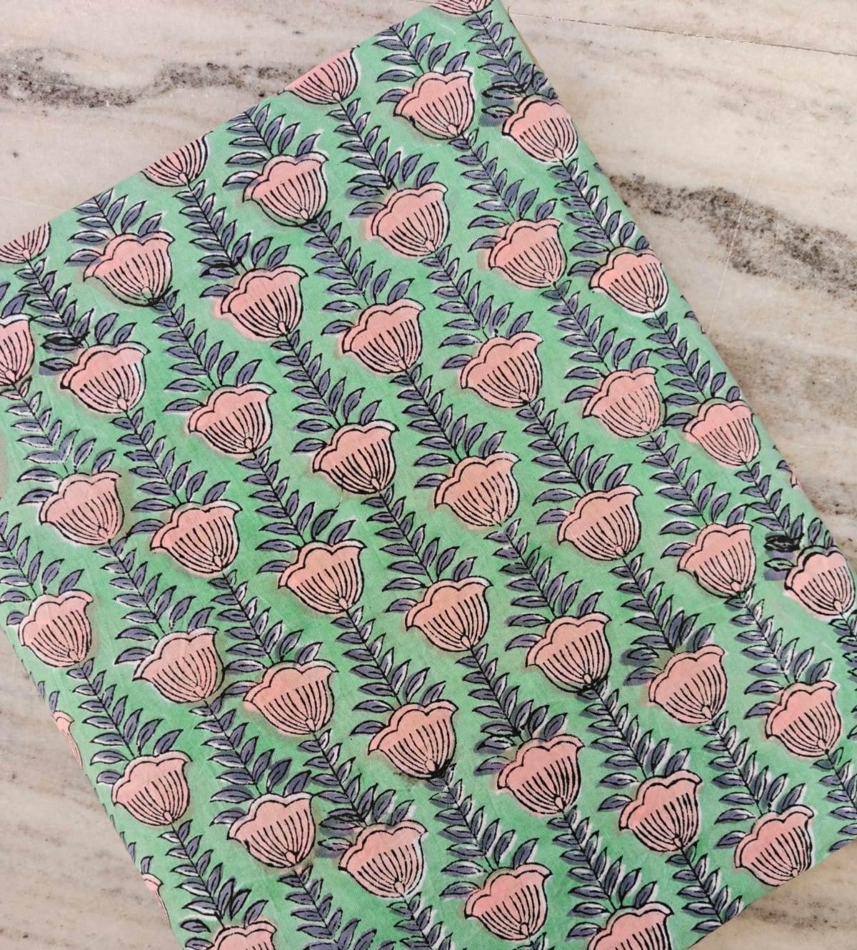 Mint Green Floral Cotton Fabric by Yard, Hand Block Print Cotton Fabric, Pink Flower Indian Fabric, Quilting Fabric, Dressmaking Fabric