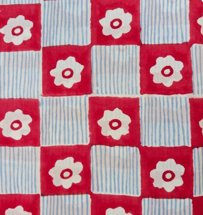 Red Floral Check Cotton Fabric by Yard, Retro Checkerboard Cotton Fabric, Blue Stripe Flower Print Fabric, Loose Running Fabric, Napkins