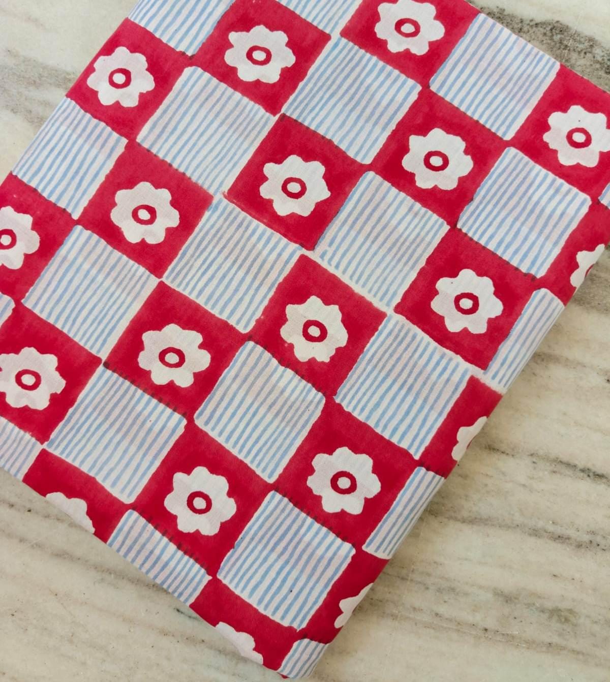 Red Floral Check Cotton Fabric by Yard, Retro Checkerboard Cotton Fabric, Blue Stripe Flower Print Fabric, Loose Running Fabric, Napkins