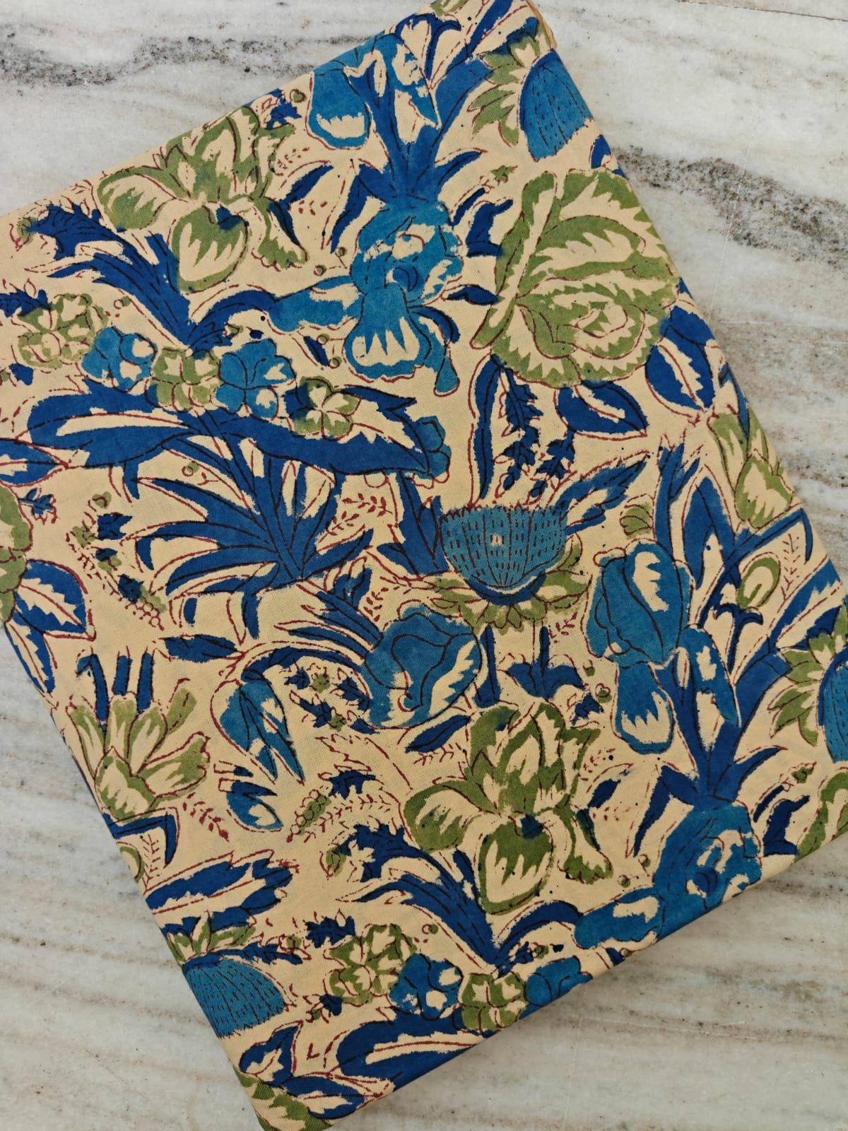 Blue Green Floral Hand Block Print Cotton Fabric, Indian Botanical Cotton Textile, Quilting Sewing Dressmaking Fabric by the Yard, Fabric