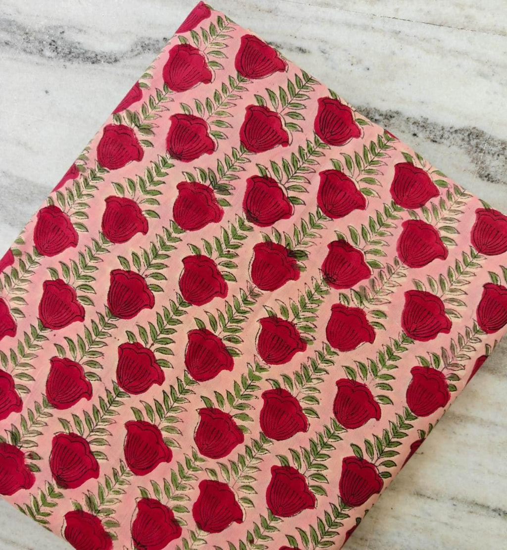 Pink and Red Color Indian Hand Block Print Fabric, 100% Cotton Quilting Fabric By The Yard, Dressmaking Fabric, Napkins Fabric, Loose Fabric