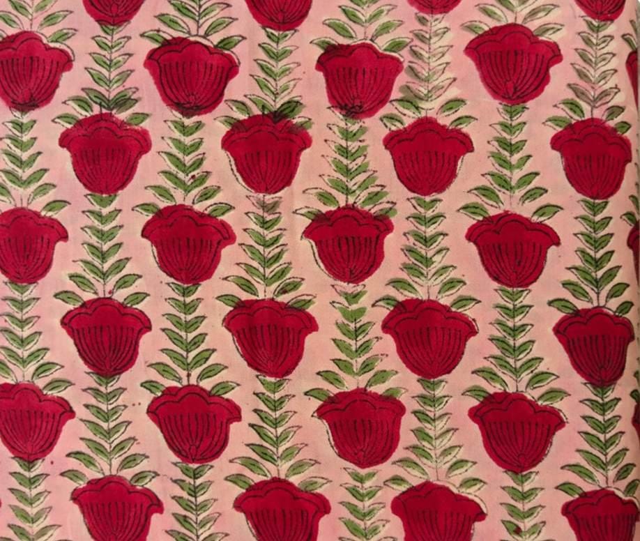 Pink and Red Color Indian Hand Block Print Fabric, 100% Cotton Quilting Fabric By The Yard, Dressmaking Fabric, Napkins Fabric, Loose Fabric