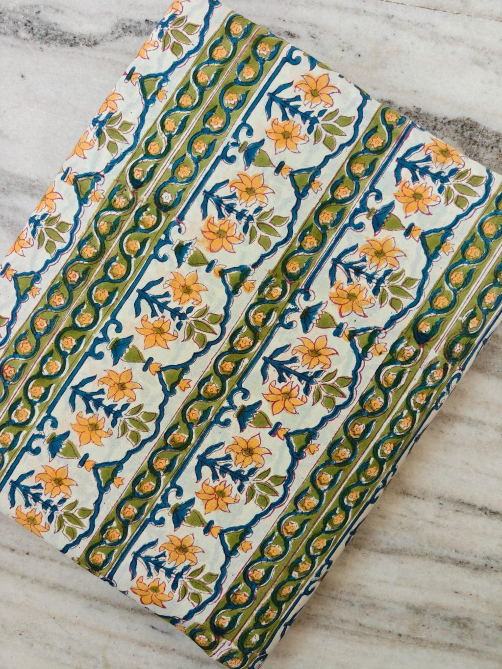 Yellow Floral Stripe Hand Block Print Cotton Fabric, Indian Botanical Cotton Fabric by Yard, Quilting Sewing Dressmaking Textile, Fabric
