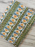 Yellow Floral Stripe Hand Block Print Cotton Fabric, Indian Botanical Cotton Fabric by Yard, Quilting Sewing Dressmaking Textile, Fabric