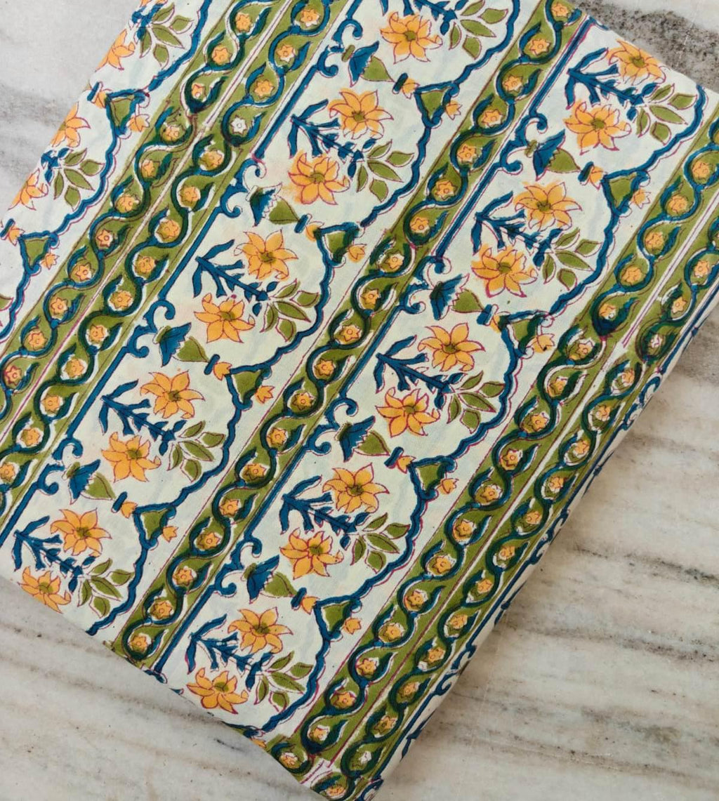 Yellow Floral Stripe Hand Block Print Cotton Fabric, Indian Botanical Cotton Fabric by Yard, Quilting Sewing Dressmaking Textile, Fabric