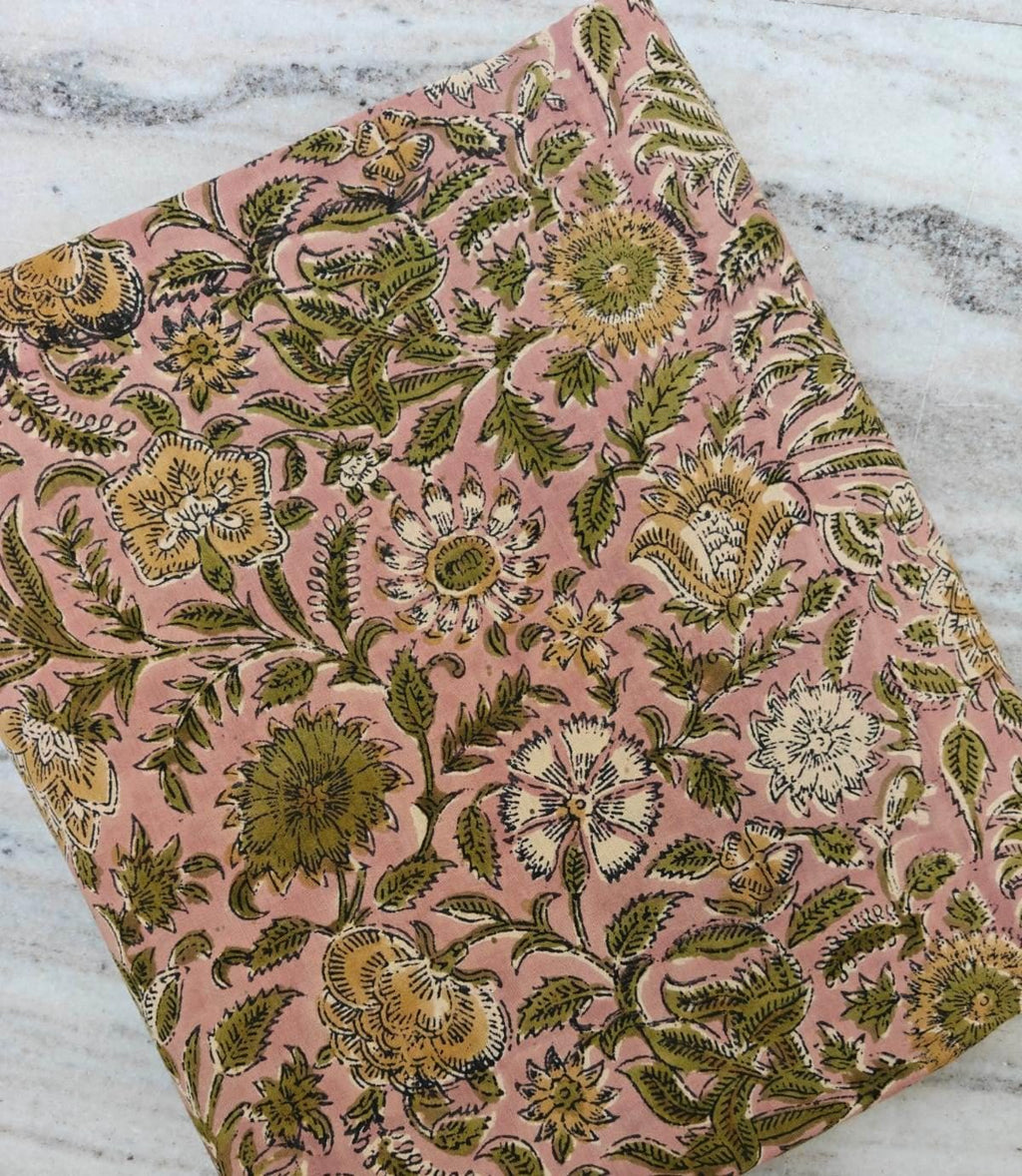 Pink Floral Cotton Fabric by the Yard, Hand Block Print Cotton Fabric, Indian Floral Fabric, Botanical Cotton Textile, Sewing Craft Fabric