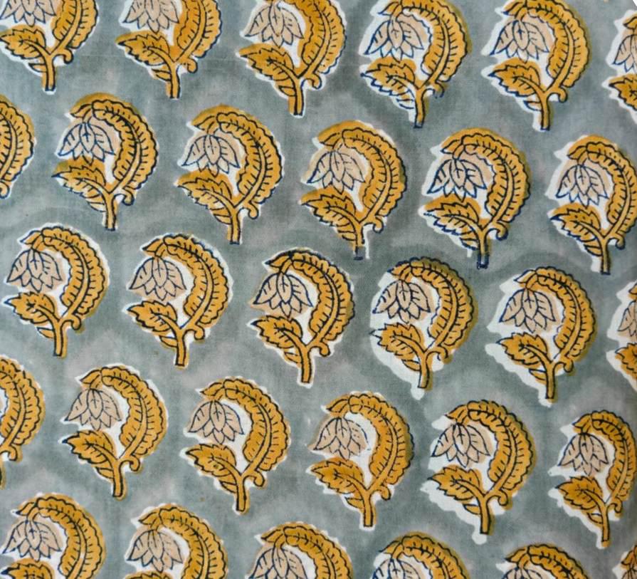 Gray Yellow Block Print Cotton Fabric by the Yard, Hand Block Printed Indian Cotton Fabric, Floral Buta Fabric Quilting Sewing Craft Textile