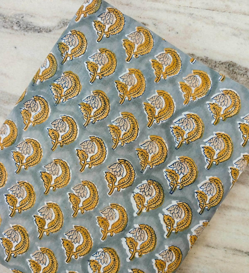 Gray Yellow Block Print Cotton Fabric by the Yard, Hand Block Printed Indian Cotton Fabric, Floral Buta Fabric Quilting Sewing Craft Textile