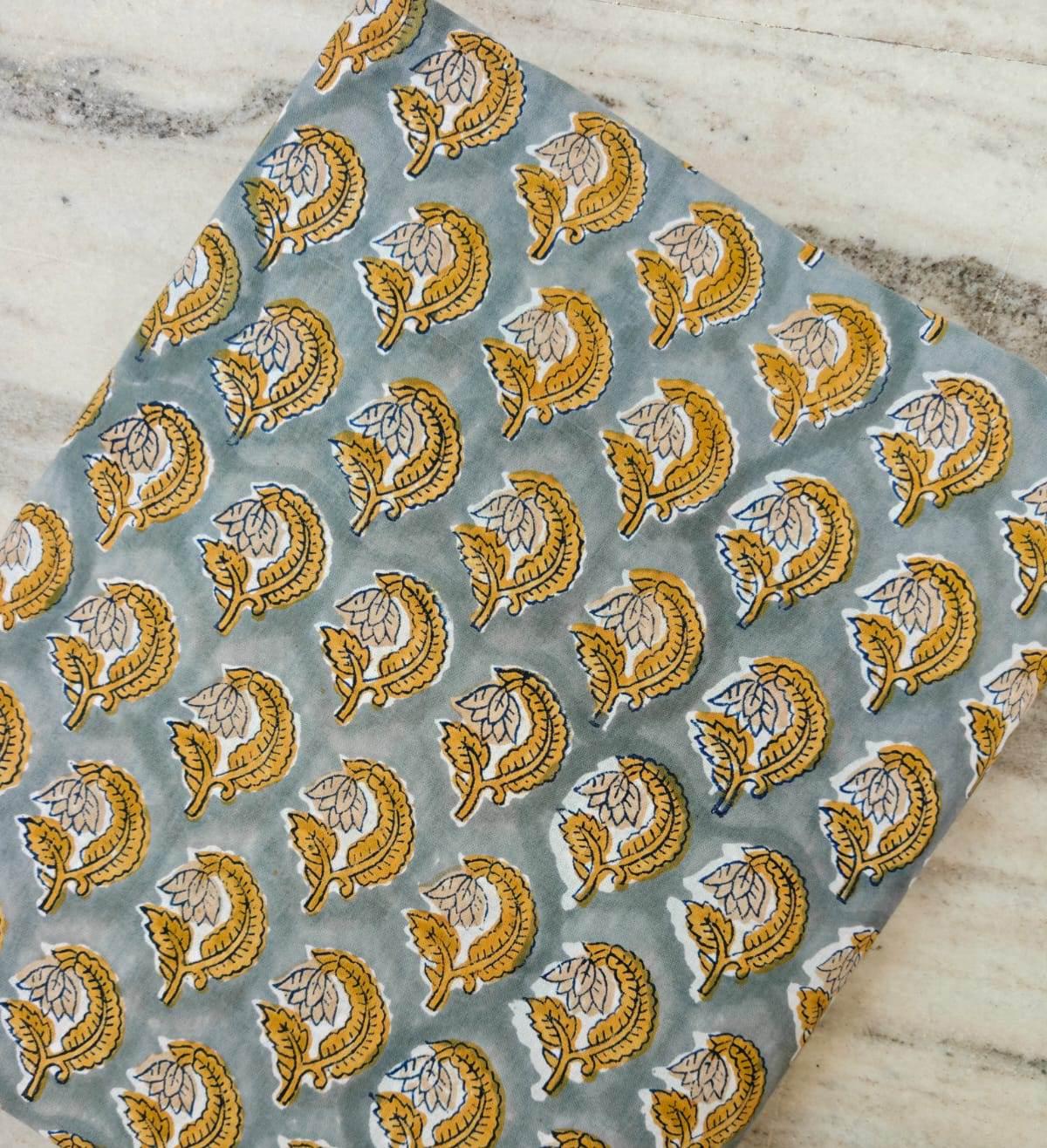 Gray Yellow Block Print Cotton Fabric by the Yard, Hand Block Printed Indian Cotton Fabric, Floral Buta Fabric Quilting Sewing Craft Textile