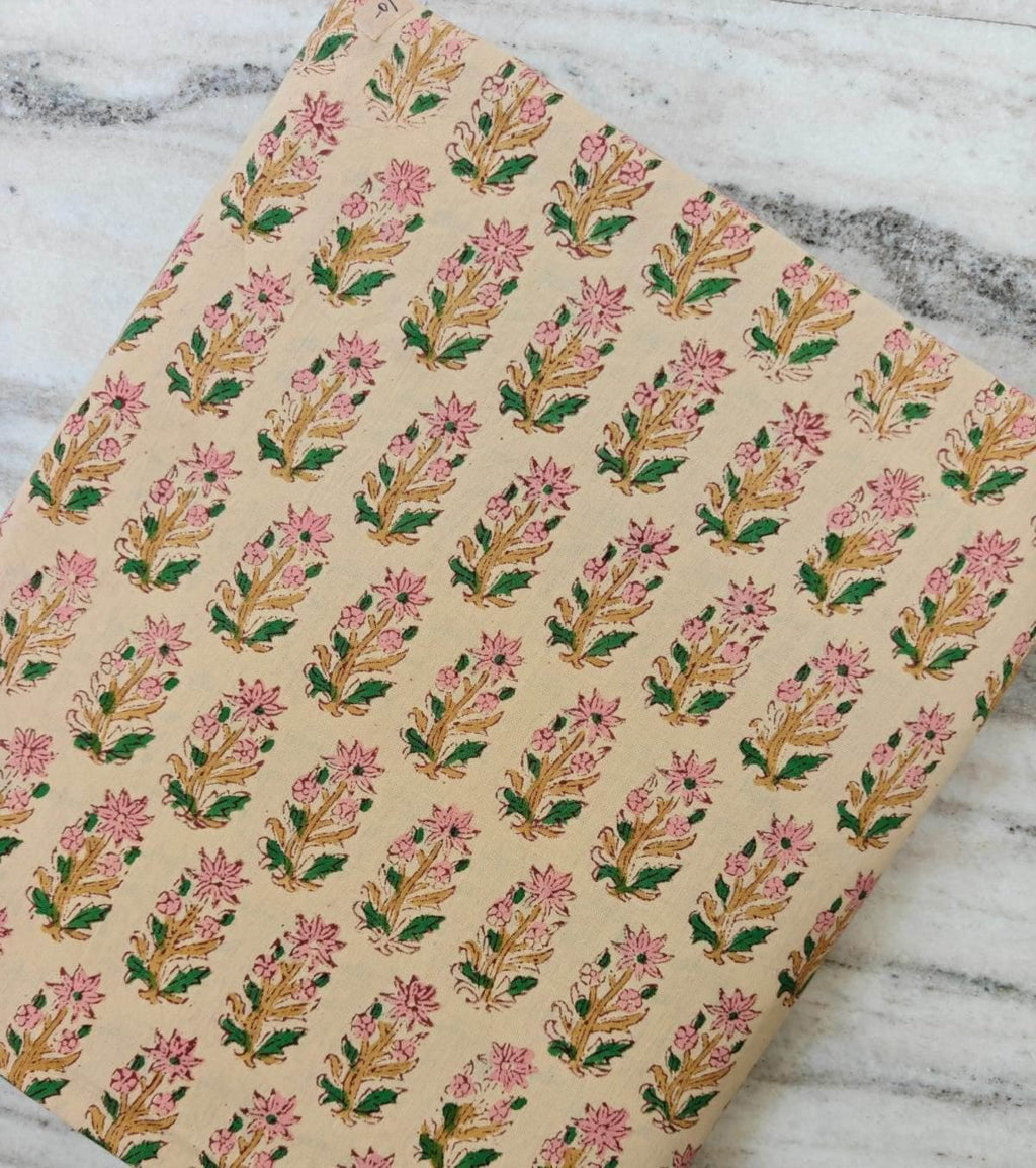 Pink Floral Block Print Cotton Fabric by the Yard, Indian Hand Block Print Fabric, Botanical Cotton Fabric, Sewing Fabric, Running Textile