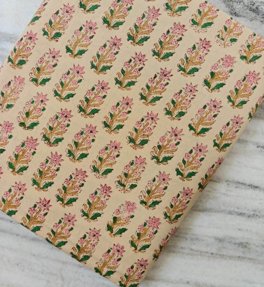 Pink Floral Block Print Cotton Fabric by the Yard, Indian Hand Block Print Fabric, Botanical Cotton Fabric, Sewing Fabric, Running Textile