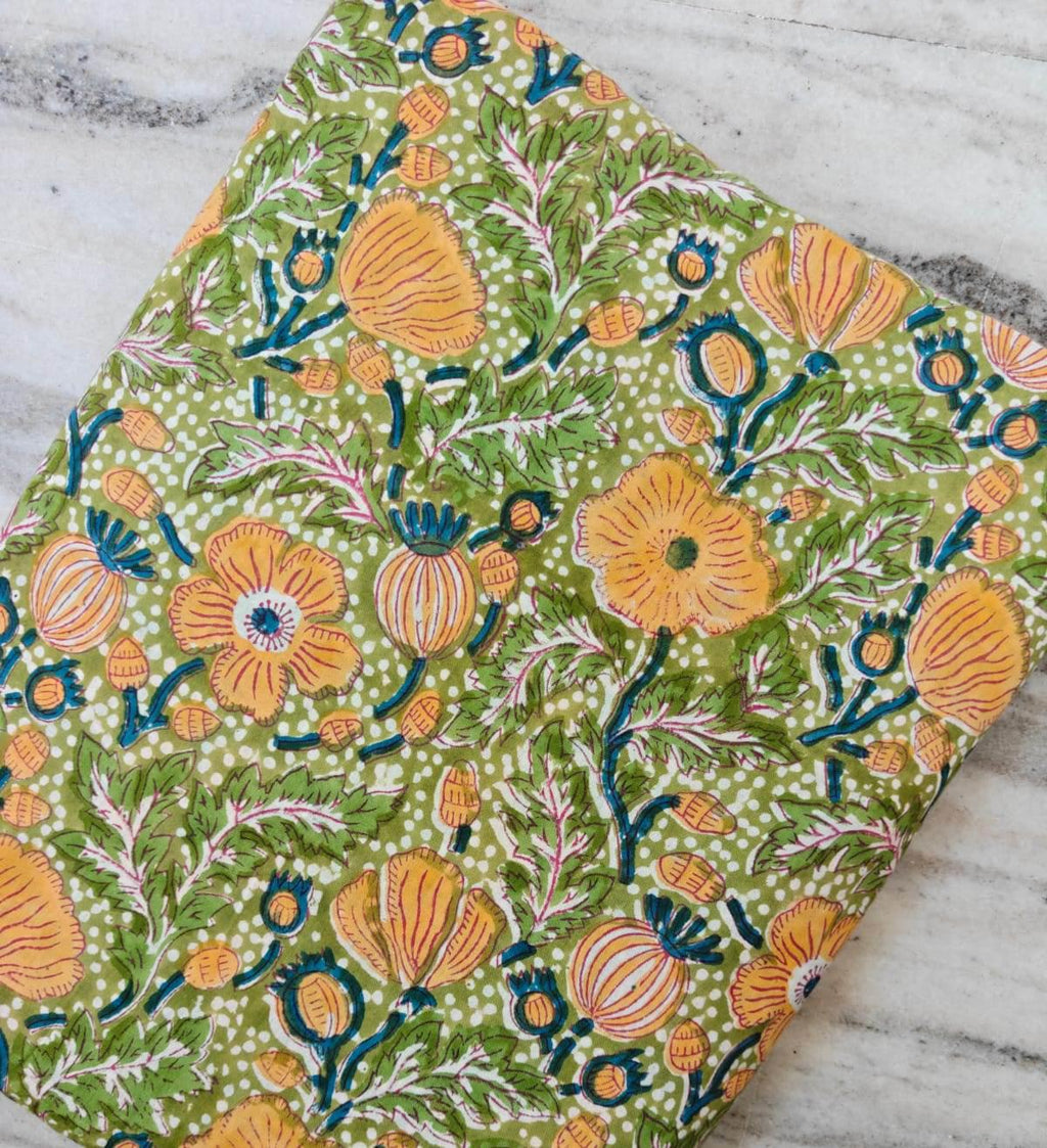 Olive Green Floral Cotton Fabric by the Yard, Hand Block Print Style Fabric, Yellow Botanical Flower Fabric, Sewing Quilting Fabric, Napkins