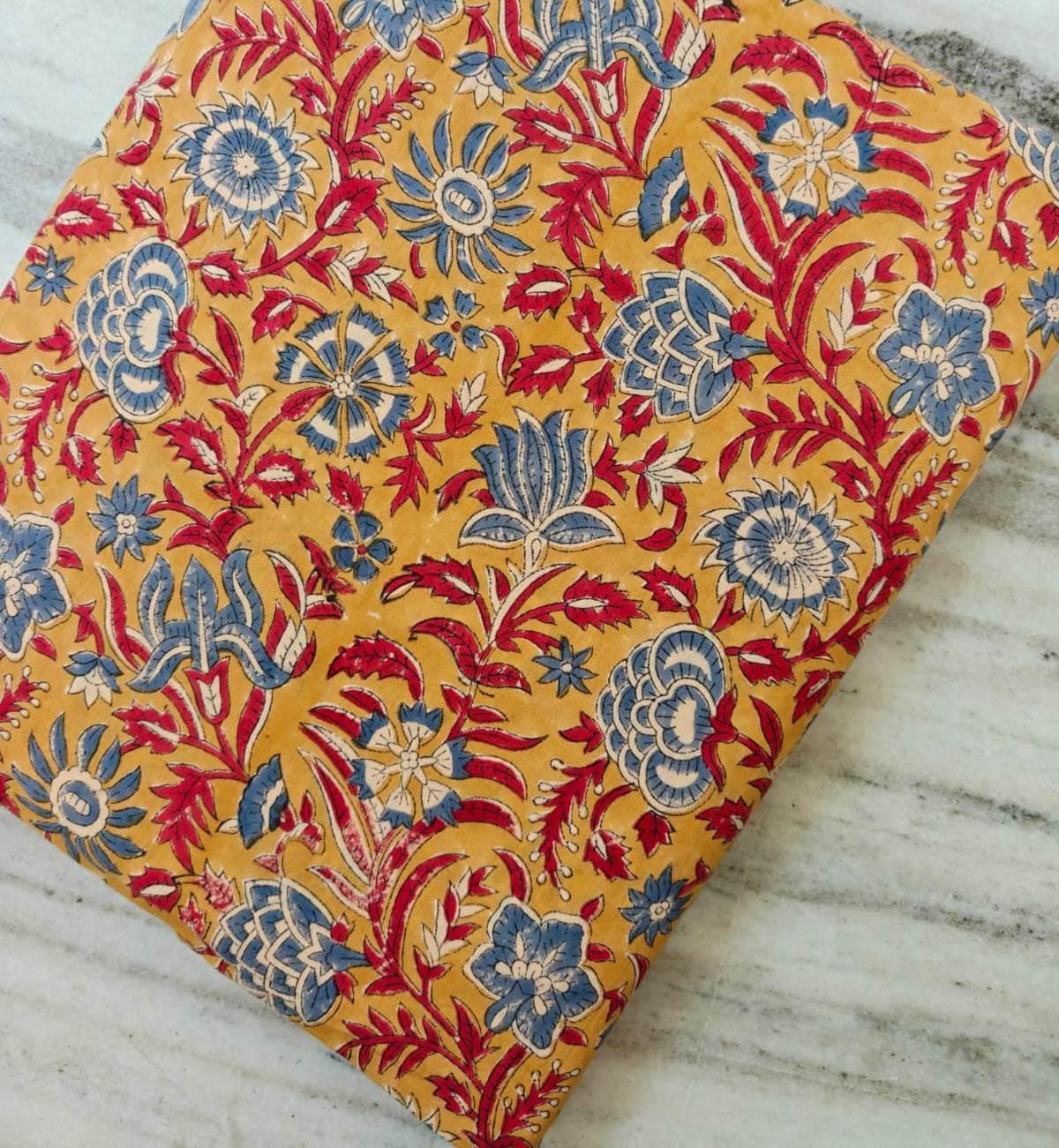 Mustard Yellow Floral Cotton Fabric by the Yard, Indian Block Print Fabric, Blue & Red Botanical Cotton, Vintage Floral Sewing Fabric