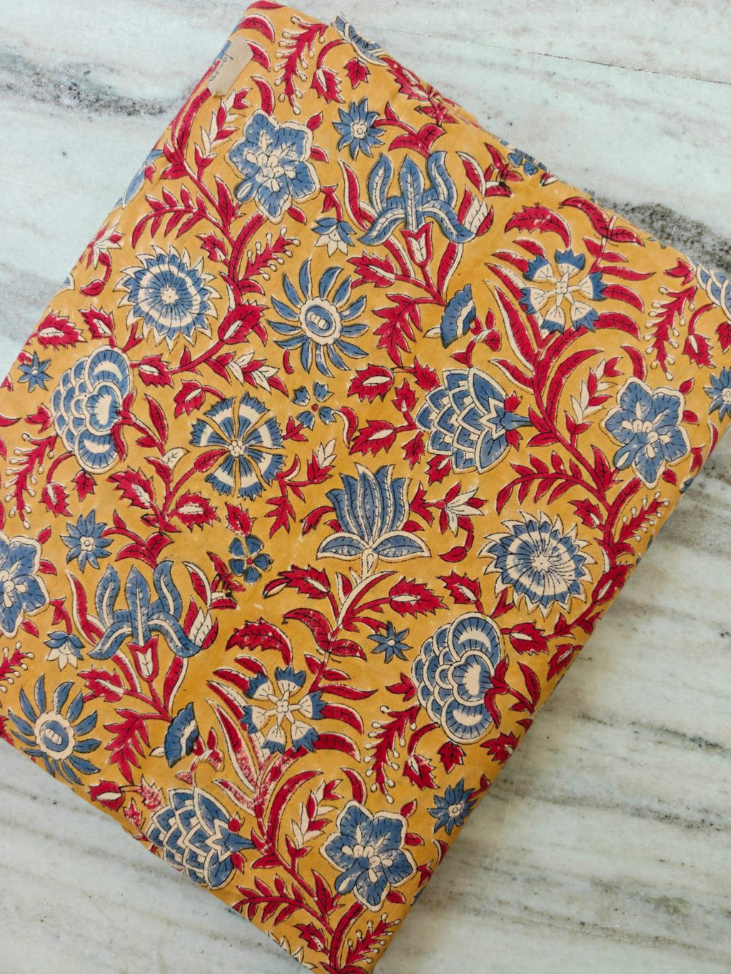 Mustard Yellow Floral Cotton Fabric by the Yard, Indian Block Print Fabric, Blue & Red Botanical Cotton, Vintage Floral Sewing Fabric