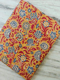 Mustard Yellow Floral Cotton Fabric by the Yard, Indian Block Print Fabric, Blue & Red Botanical Cotton, Vintage Floral Sewing Fabric