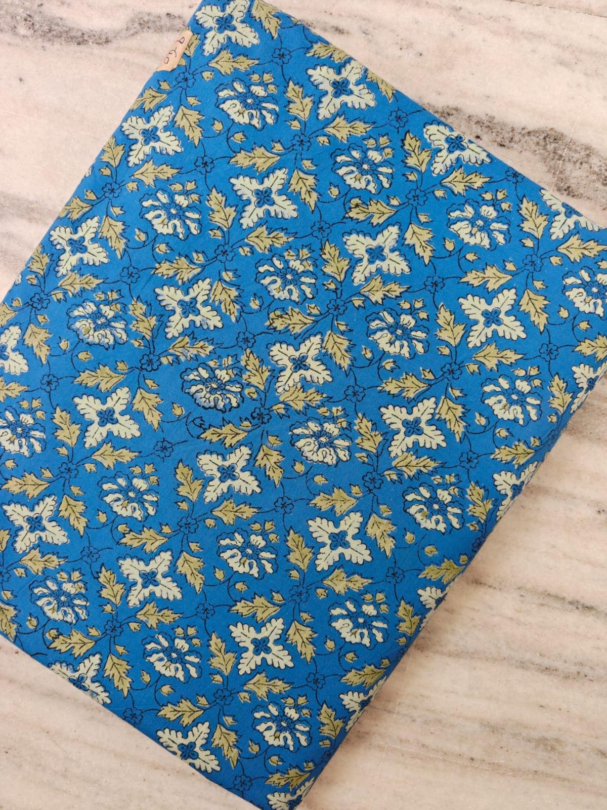 Blue Floral Cotton Fabric by the Yard, Vintage Indian Block Print Style, Botanical Flower Fabric, Quilting Sewing Craft Fabric, Napkins