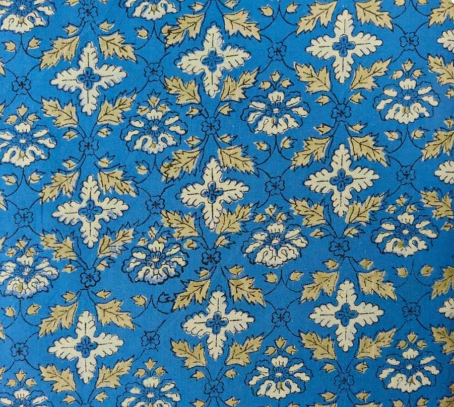 Blue Floral Cotton Fabric by the Yard, Vintage Indian Block Print Style, Botanical Flower Fabric, Quilting Sewing Craft Fabric, Napkins