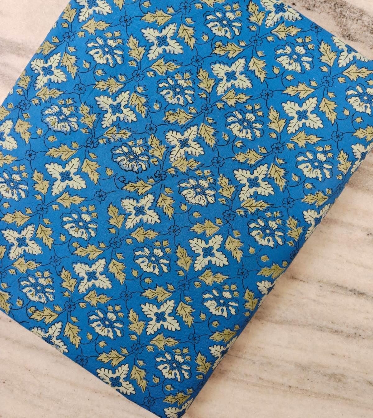 Blue Floral Cotton Fabric by the Yard, Vintage Indian Block Print Style, Botanical Flower Fabric, Quilting Sewing Craft Fabric, Napkins