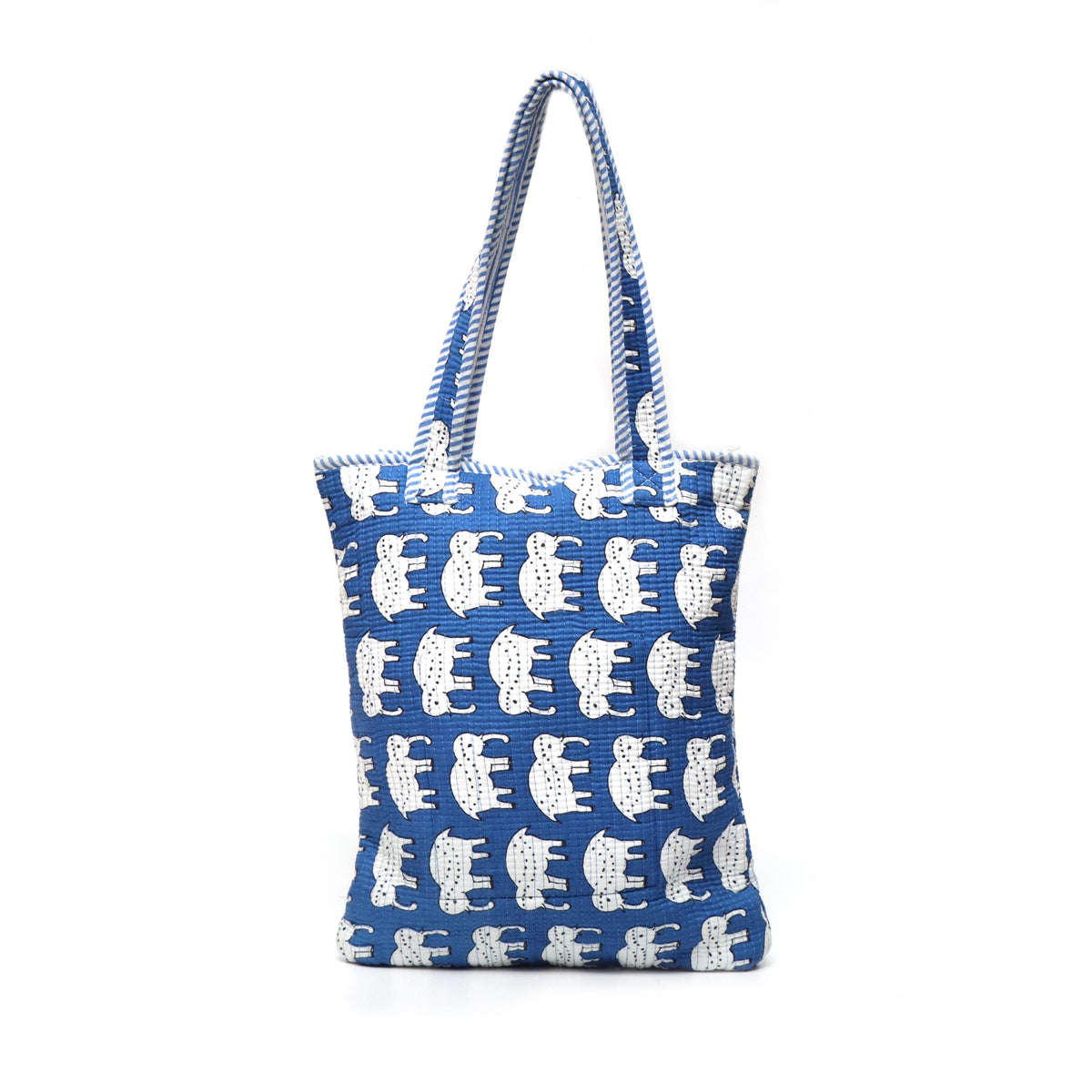 Blue Elephant Quilted Shoulder Bag, Handmade Cotton Tote Bag, Block Print Elephant Purse, Lightweight Everyday Carry Bag, Gift For Her