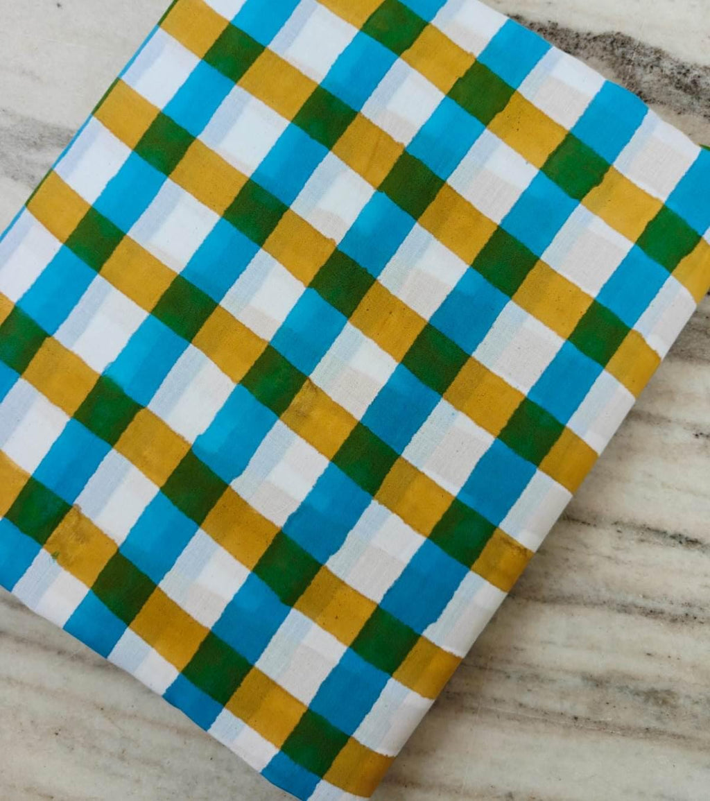 Soft Multi Color Indian Hand Block Print Fabric, Floral 100% Cotton Fabric By The Yard, Dressmaking Fabric, Blue Green Yellow Check Fabric