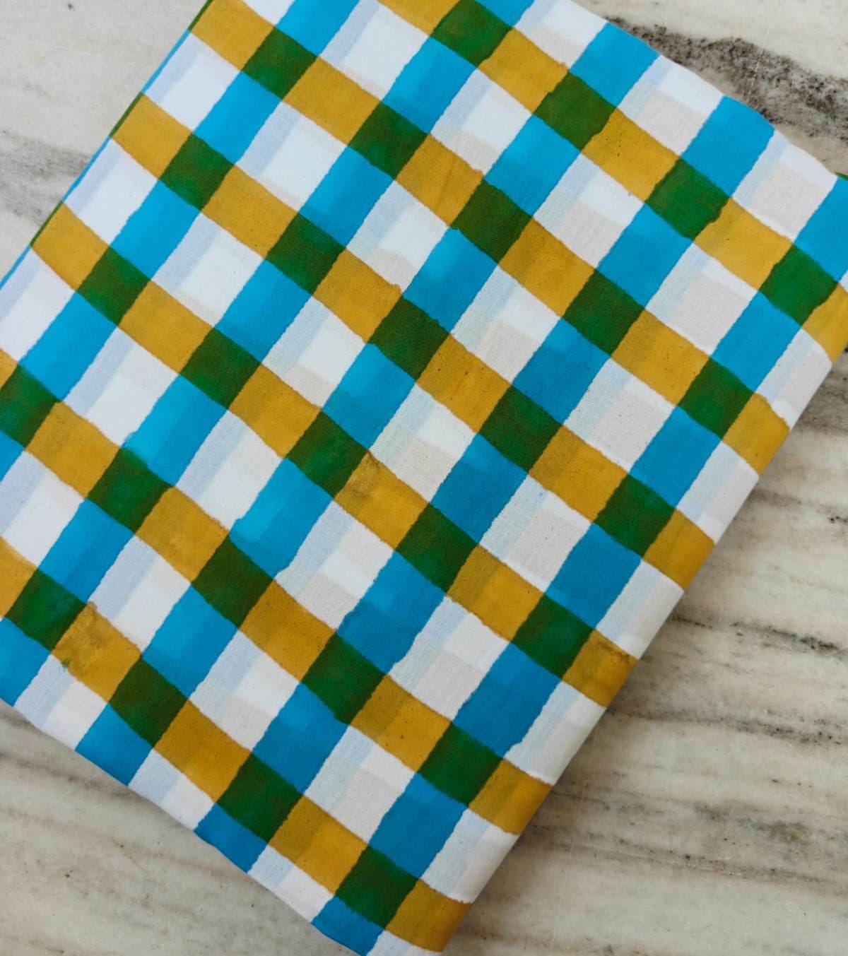Soft Multi Color Indian Hand Block Print Fabric, Floral 100% Cotton Fabric By The Yard, Dressmaking Fabric, Blue Green Yellow Check Fabric