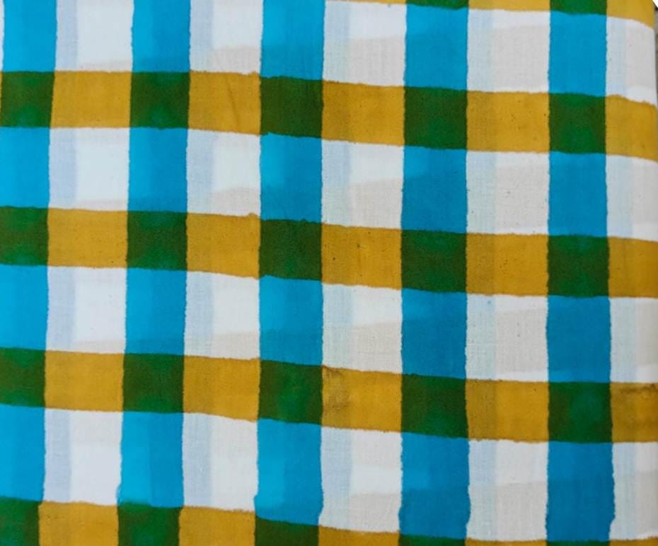 Soft Multi Color Indian Hand Block Print Fabric, Floral 100% Cotton Fabric By The Yard, Dressmaking Fabric, Blue Green Yellow Check Fabric