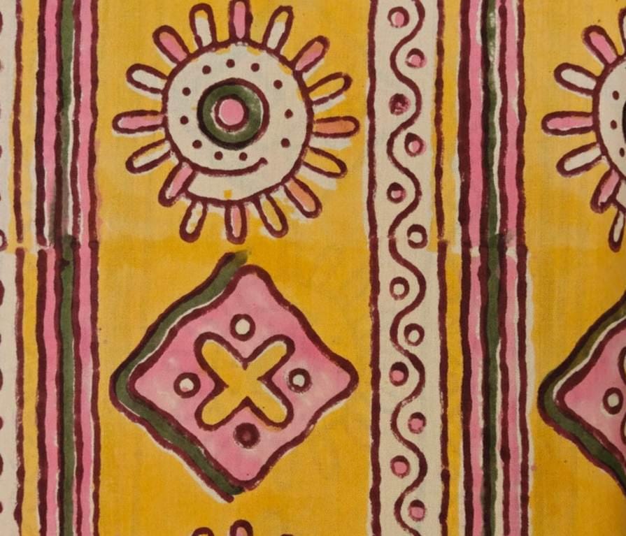 Yellow Tribal Print Cotton Fabric by the Yard, Ethnic Block Print Fabric, Boho Cotton Material, Geometric Stripe Fabric for Quilting Sewing
