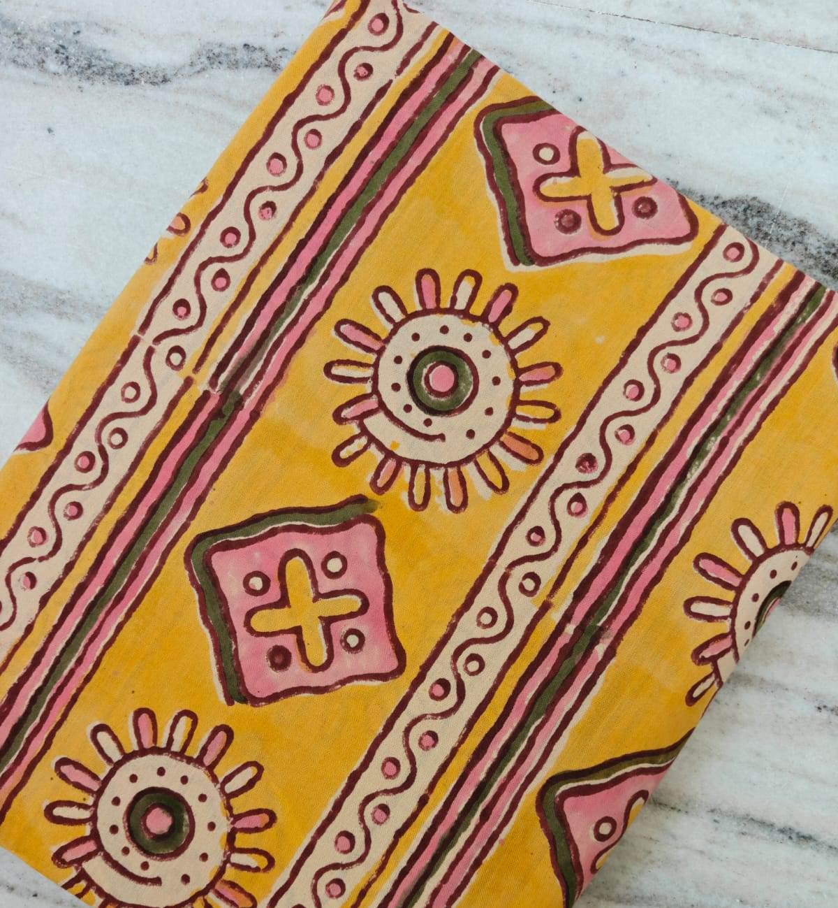 Yellow Tribal Print Cotton Fabric by the Yard, Ethnic Block Print Fabric, Boho Cotton Material, Geometric Stripe Fabric for Quilting Sewing