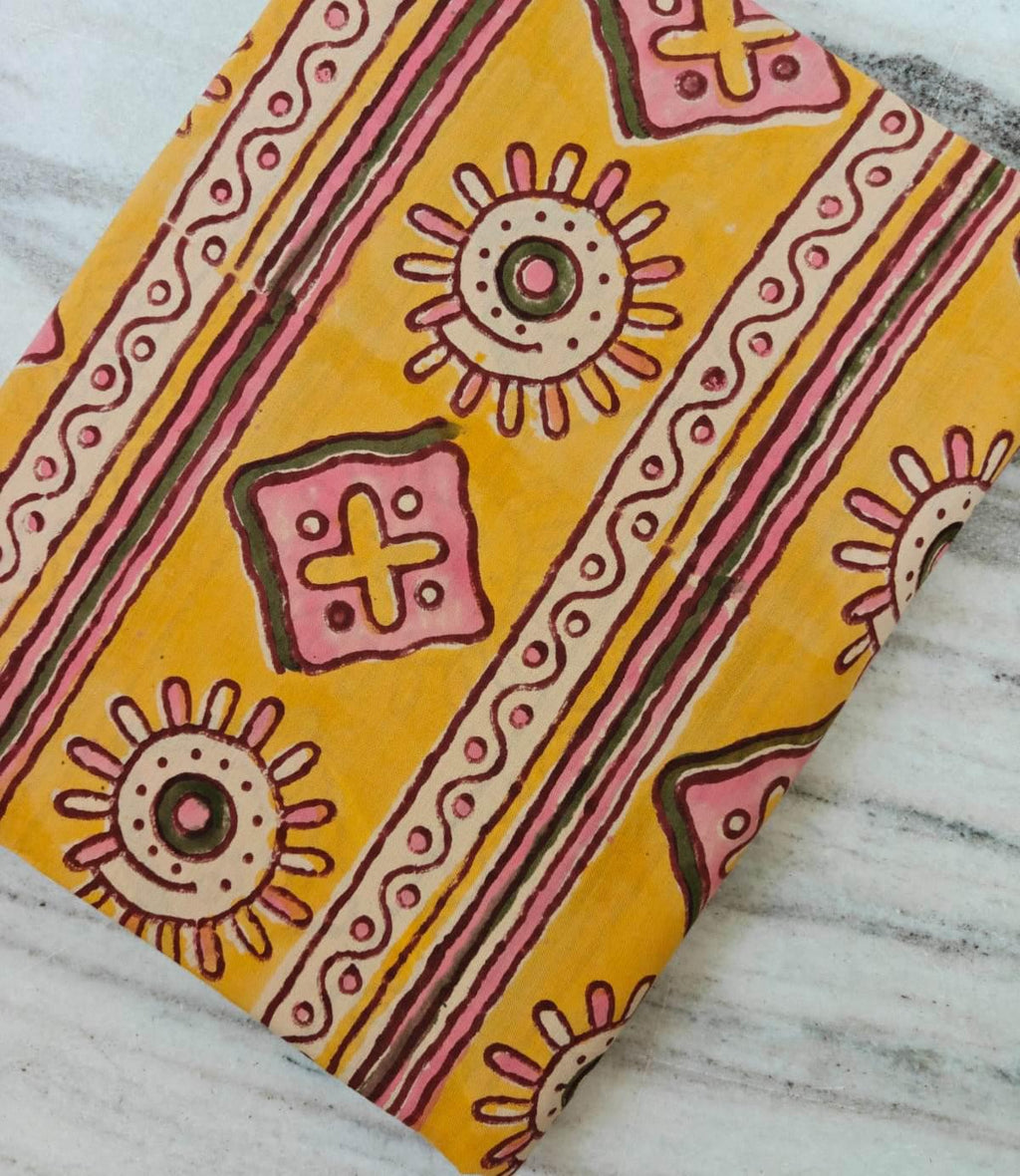 Yellow Tribal Print Cotton Fabric by the Yard, Ethnic Block Print Fabric, Boho Cotton Material, Geometric Stripe Fabric for Quilting Sewing
